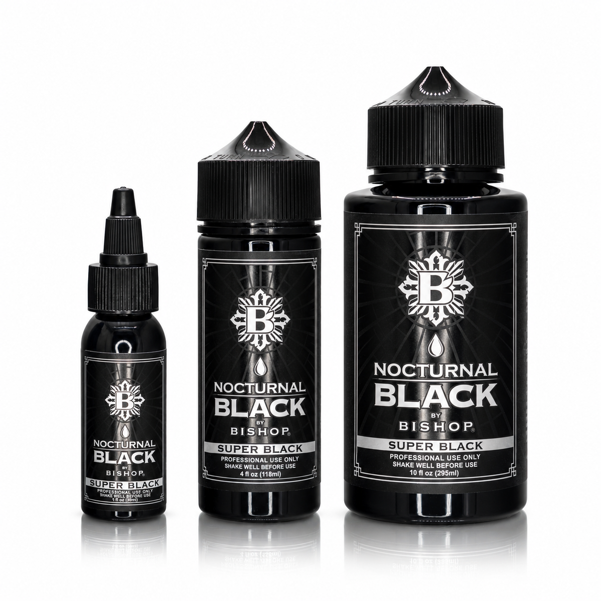 Nocturnal By Bishop Super Black 30ml, 118ml, 295ml — comparación de tamaños de botella