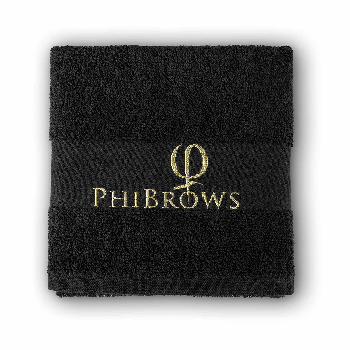 PhiBrows Black Cotton Towel 30x47cm — folded cotton towel with embroidered logo