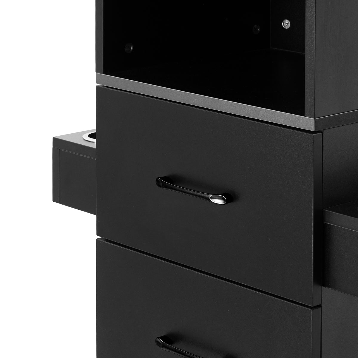 GABBIANO Totem Black hairdressing station with mirror and storage shelves, salon furniture for professional hairdressing.