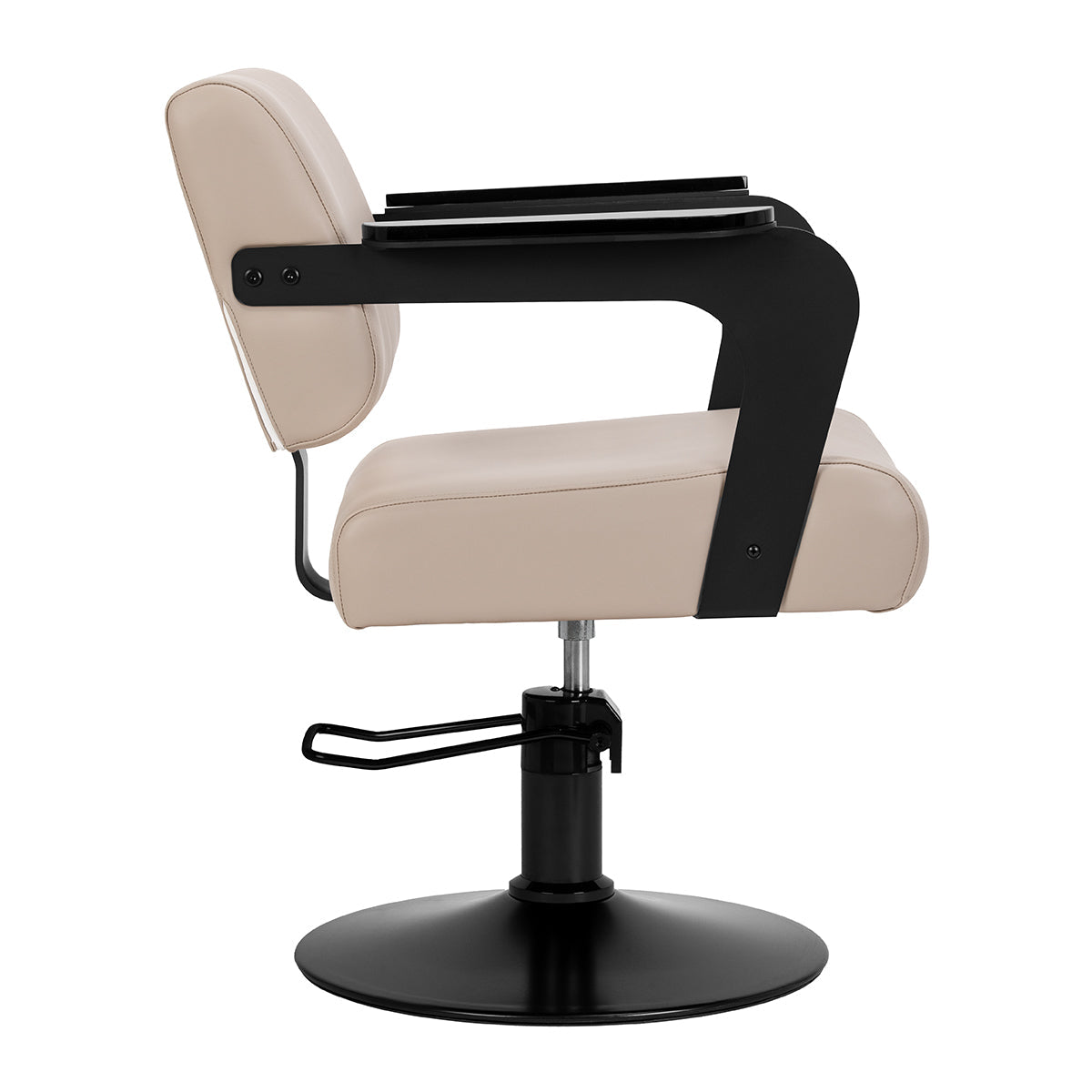 Beige Jet Latte HAIR SYSTEM hairdressing chair with padded seat and backrest, adjustable height, and modern design.