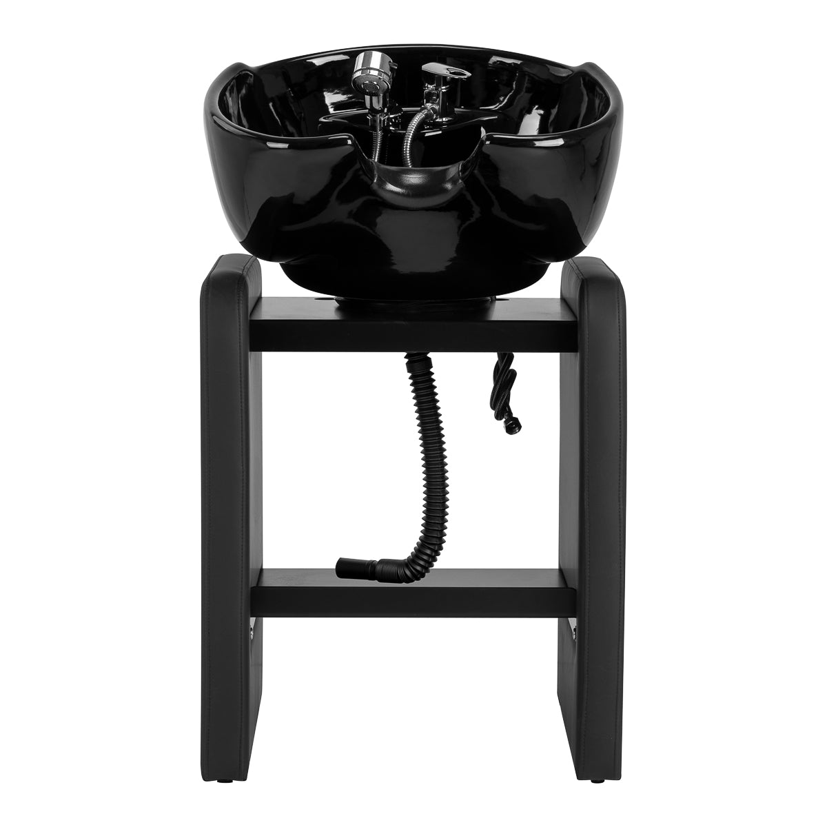 Omega Nautica black hairdressing wash unit with sink and chair for salon styling and hair treatments.