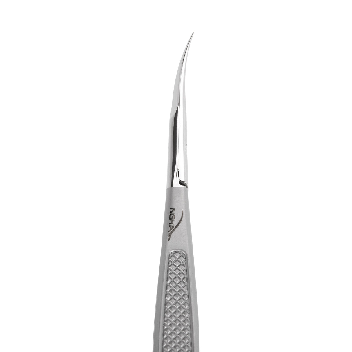 NGHIA KDN.721 spring-loaded cuticle scissors with sharp blades for precise nail grooming, shown with open blades in a close-up image.