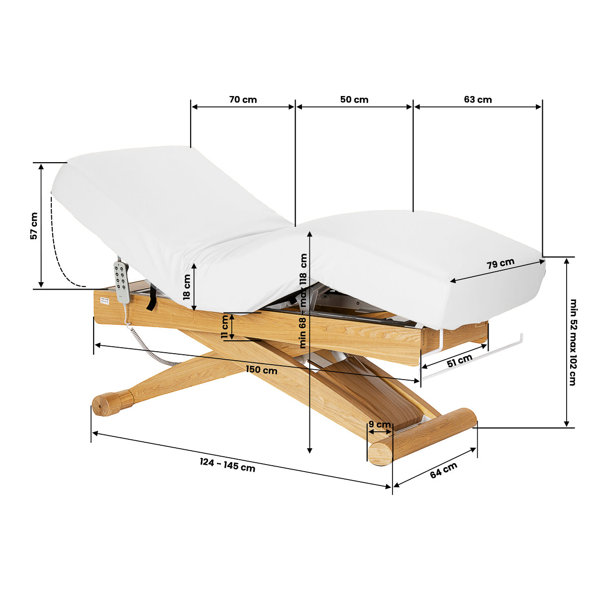 Sillon Siesta Camilla SPA Eléctrica – Blanca, Base Marrón Claro · Esquema de dimensiones