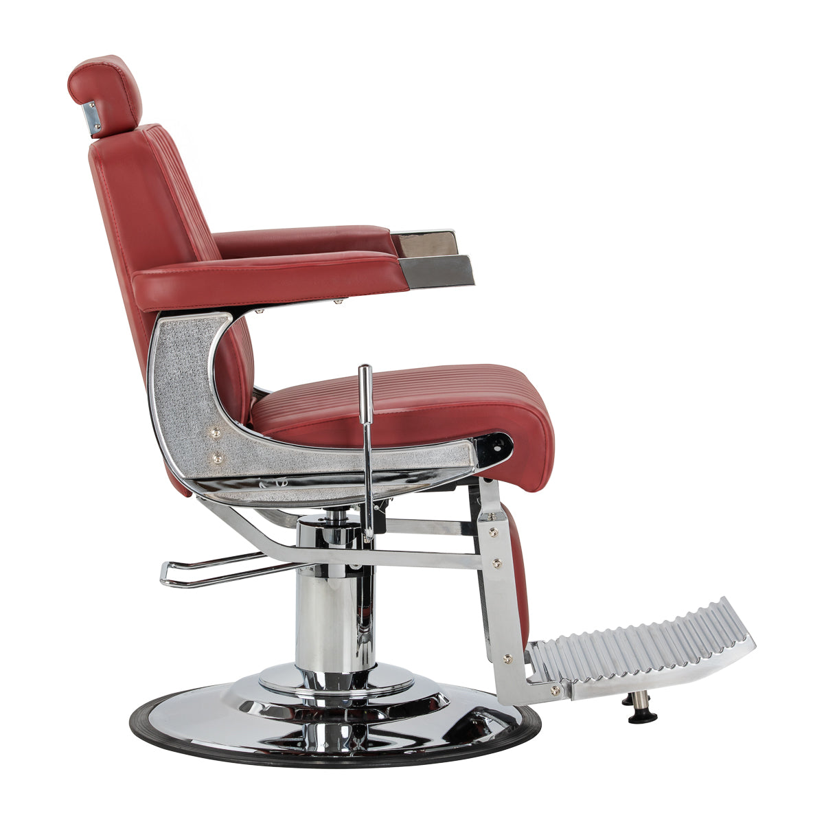 Gabbiano Visionerio+ sillón de barbero hidráulico – Rojo, estructura cromada; vista lateral, respaldo recto