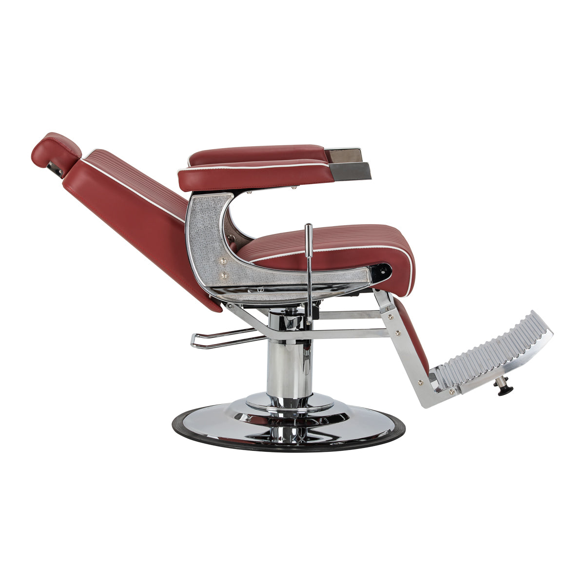 Gabbiano Visionerio+ sillón de barbero hidráulico – Rojo, estructura cromada; vista lateral, respaldo reclinado