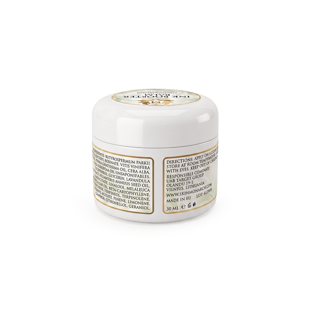 Skin Monarch Ink Booster Balm 30ml, etiqueta posterior con ingredientes e instrucciones
