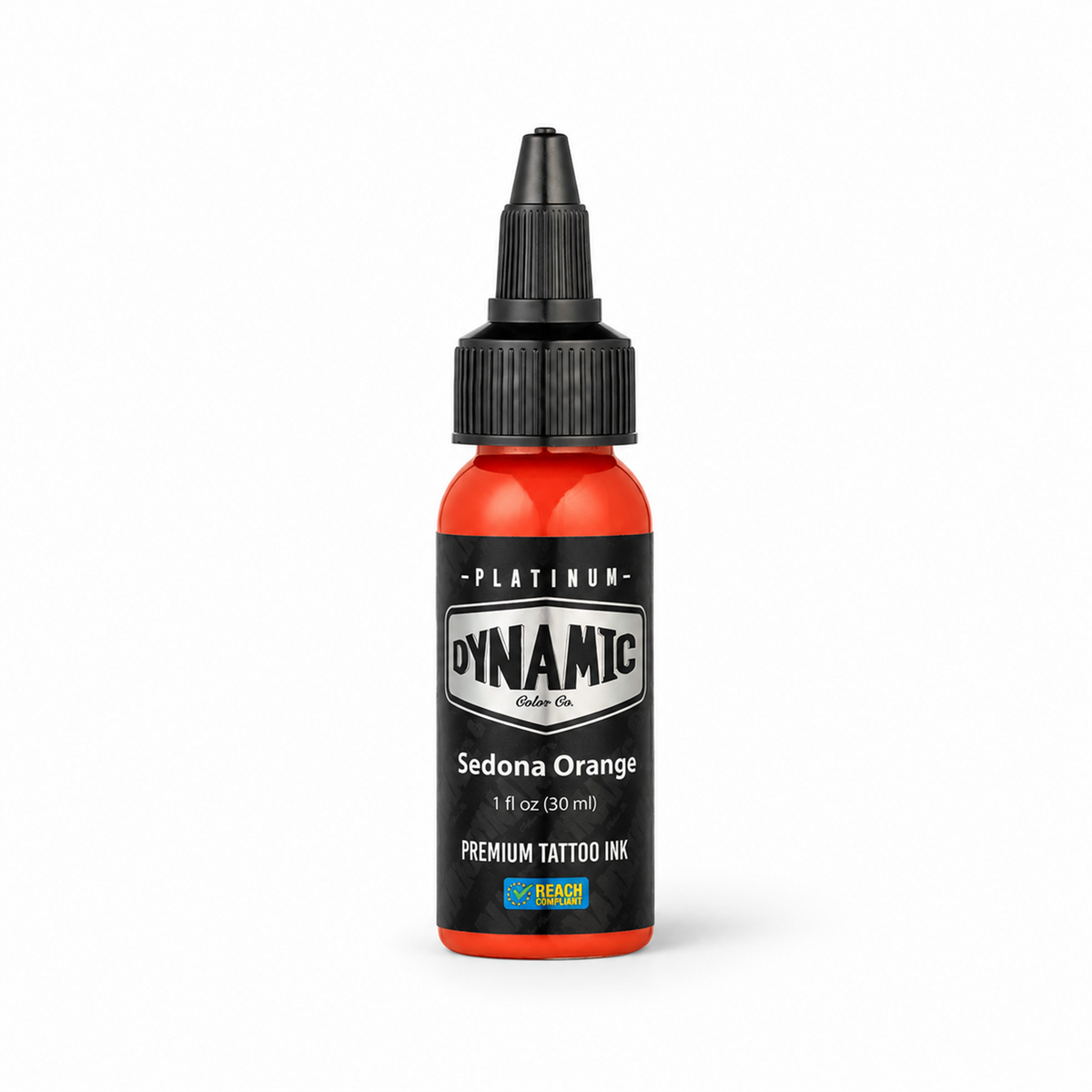 Platinum By Dynamic Tattoo Ink Sedona Orange 30ml bottle on a white background with a natural shadow