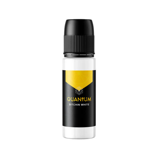 Quantum Tattoo Gold Label Bitchin White ink 30ml bottle with white label and black cap, close-up of the ink container.