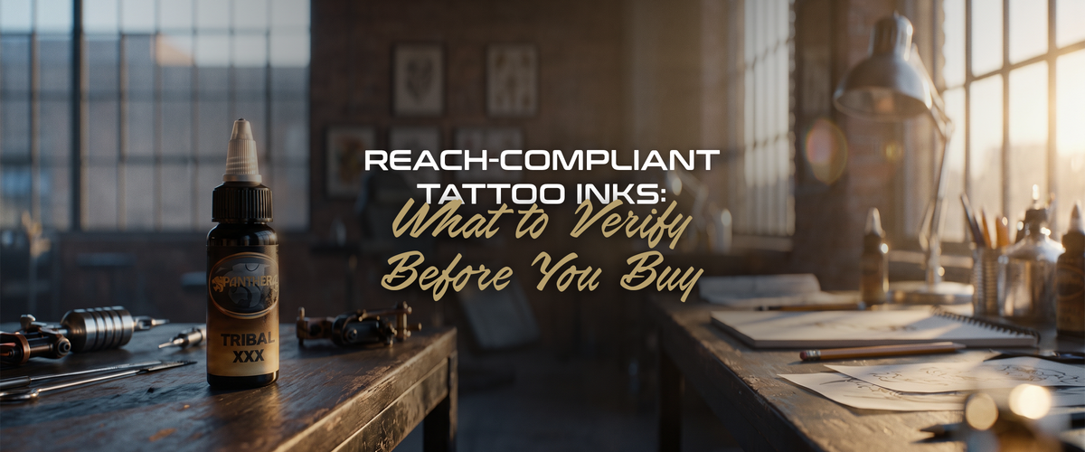 REACH-compliant tattoo ink on studio supply shelf