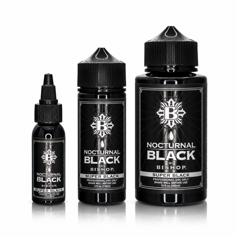 Nocturnal By Bishop Super Black 30ml, 118ml, 295ml — comparación de tamaños de botella