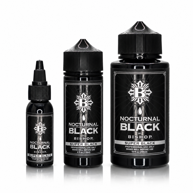 Nocturnal By Bishop Super Black 30ml, 118ml, 295ml — comparación de tamaños de botella