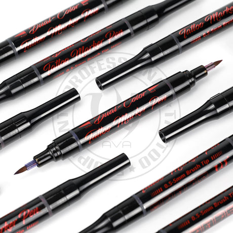 AVA Dual-Color Tattoo Marker Pen showing red and violet ink tips for precise tattoo outlining and shading.