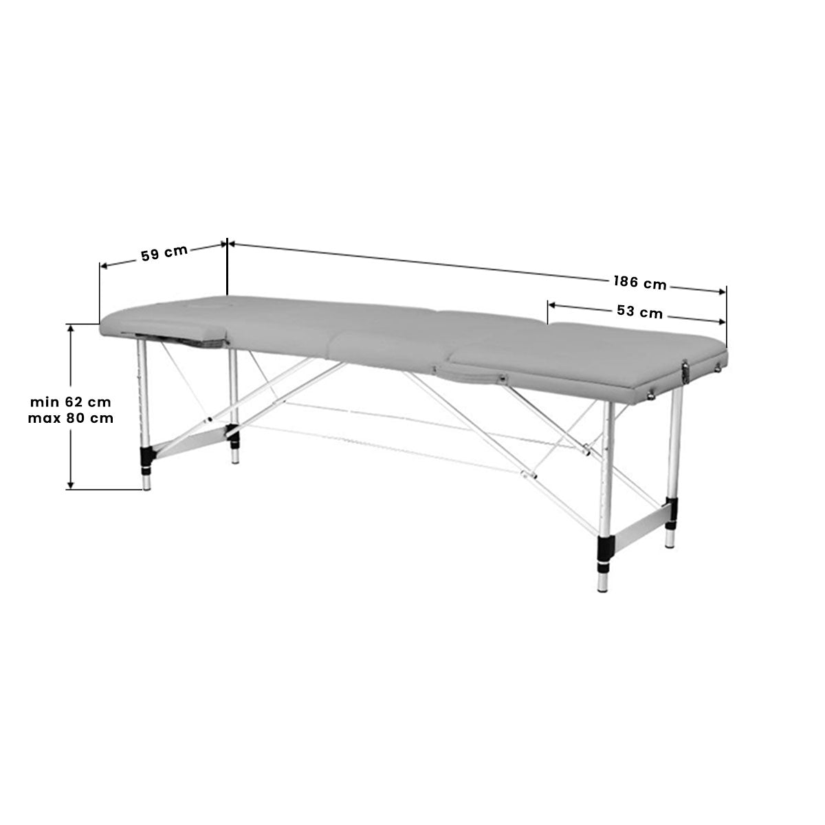 BALANCE camilla de masaje plegable de aluminio de tres secciones – Gris; plano de medidas, superficie de 186 × 59 cm