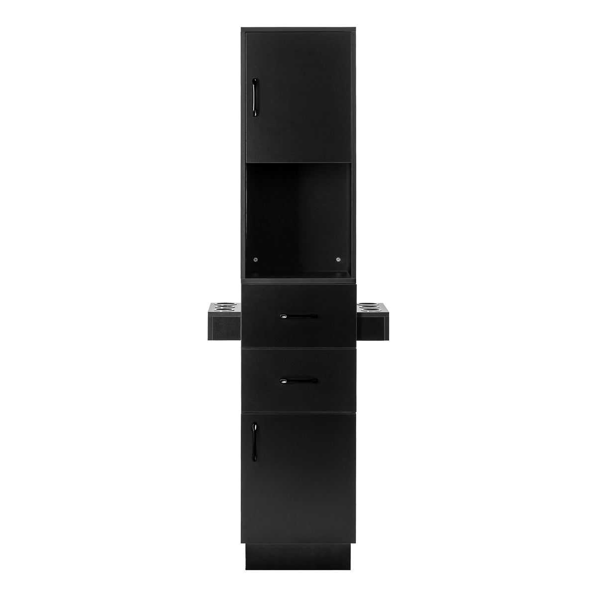 Black GABBIANO Hairdressing Station TOTEM salon furniture with mirror and storage for professional hairdresser setup.