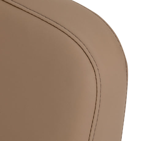 Omega Aurora light brown hairdressing chair with padded seat and backrest, adjustable height, and chrome base.