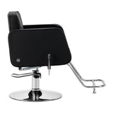 Black Omega Andromeda hairdressing chair with padded seat, adjustable height, and armrests, designed for professional salons.