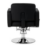 Black Omega Andromeda hairdressing chair with adjustable height and cushioned seat, featuring modern styling and sturdy armrests.