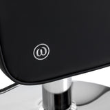 Black Omega Andromeda hairdressing chair with adjustable height and cushioned seat for salon styling.