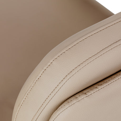 Omega Astra beige hairdressing chair with adjustable headrest and armrests, featuring a sleek, modern design for salon styling.