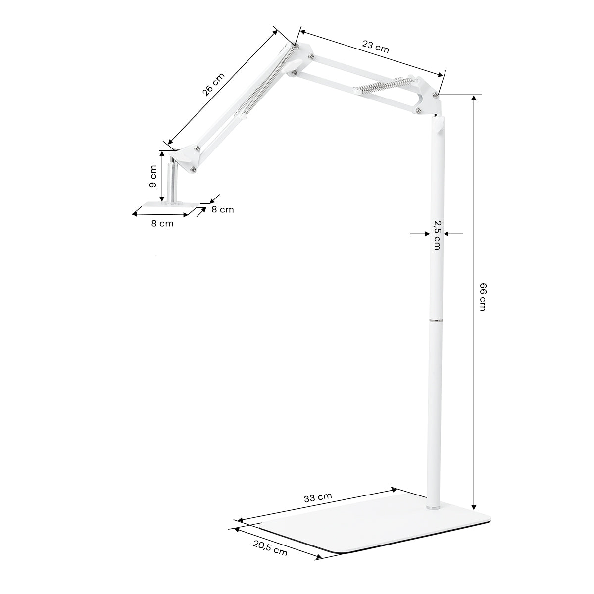 GLOW soporte regulable para lámpara UV/LED de pedicura – Blanco; plano de medidas, base de 33 × 20,5 cm