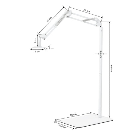 GLOW soporte regulable para lámpara UV/LED de pedicura – Blanco; plano de medidas, base de 33 × 20,5 cm