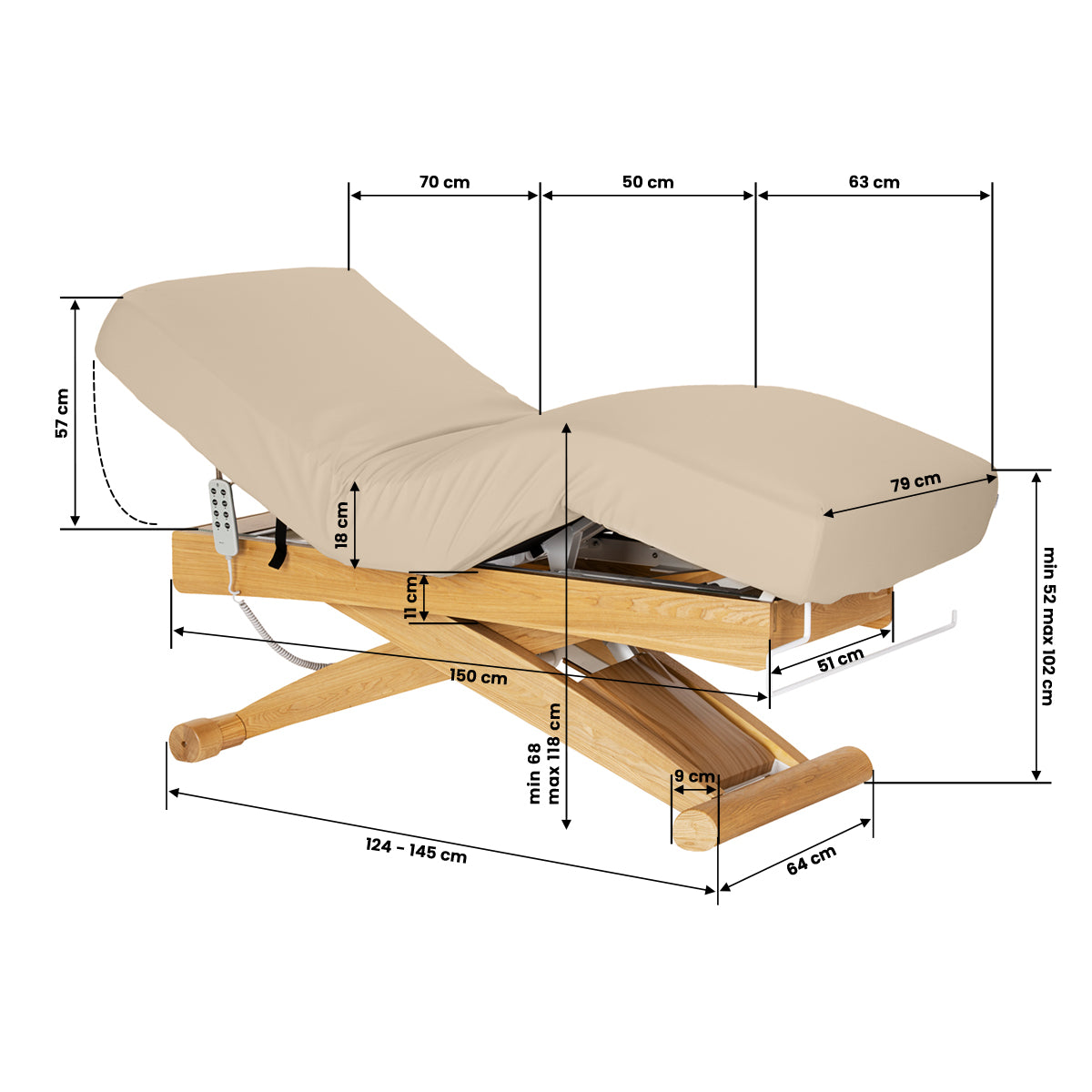 Sillon Siesta Camilla SPA Eléctrica – Beige, Base Marrón Claro · Esquema de dimensiones