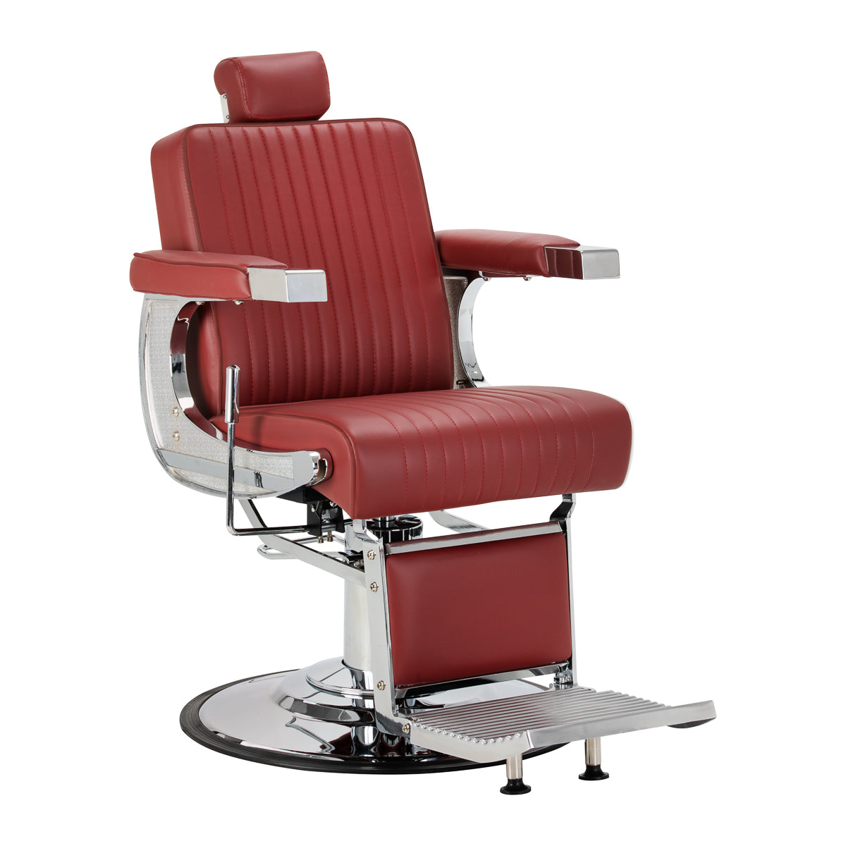 Gabbiano Visionerio+ sillón de barbero hidráulico – Rojo, estructura cromada; vista en ángulo