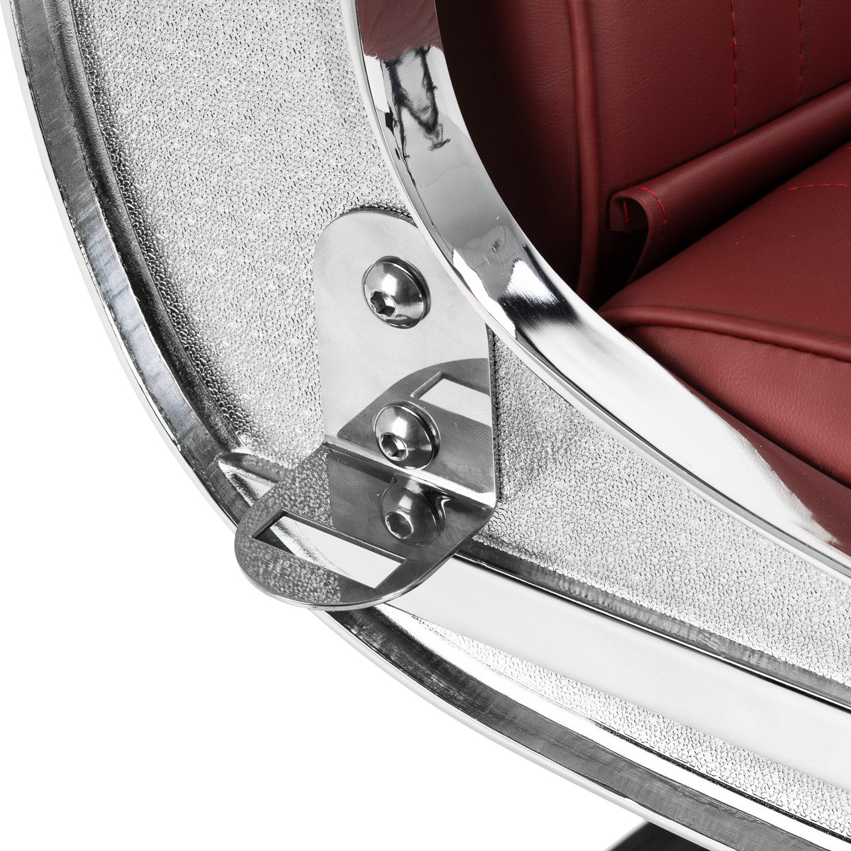 Gabbiano Visionerio+ sillón de barbero hidráulico – Rojo, estructura cromada; detalle de la bisagra del respaldo