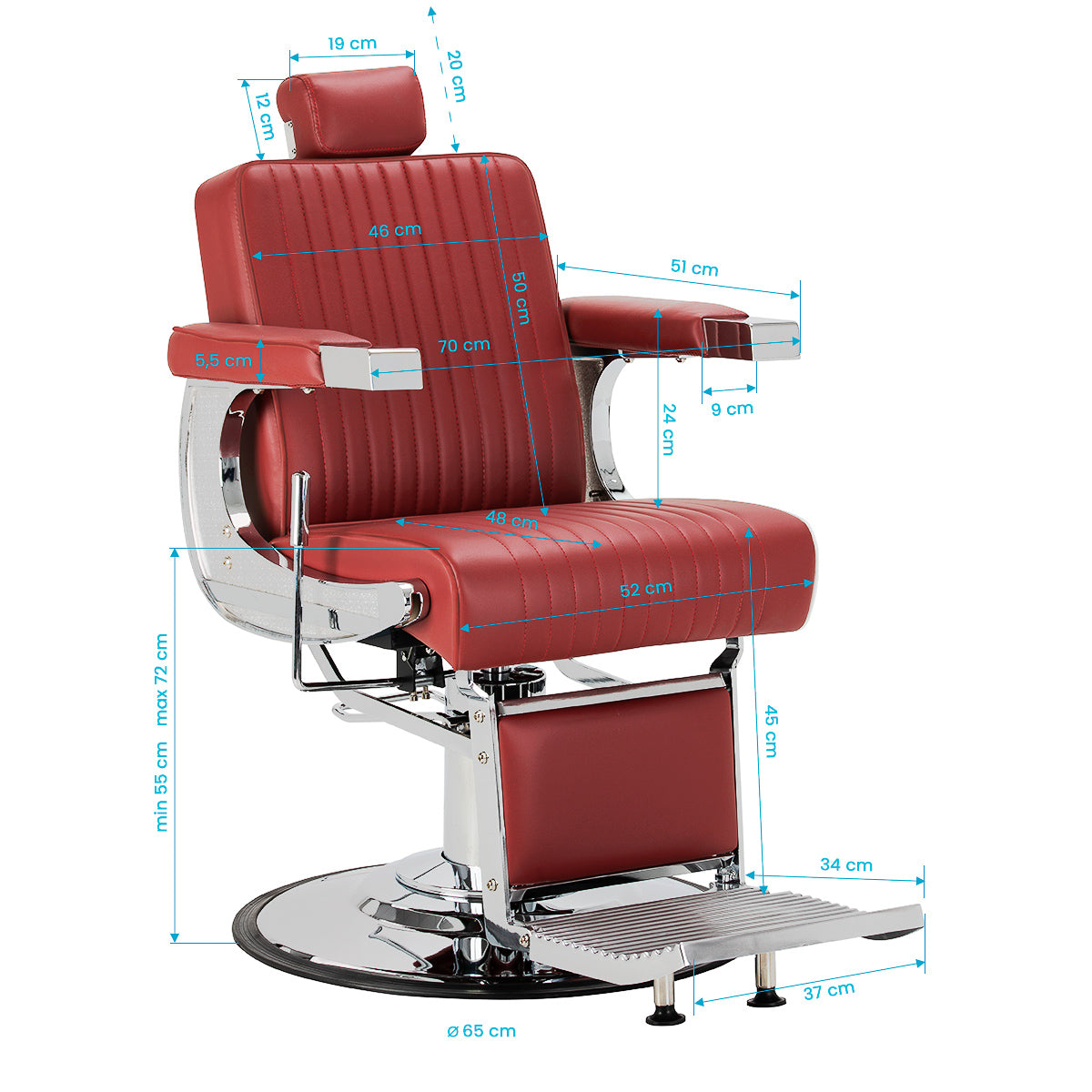 Gabbiano Visionerio+ sillón de barbero hidráulico – Rojo, estructura cromada; plano de medidas, altura del asiento 55–72 cm