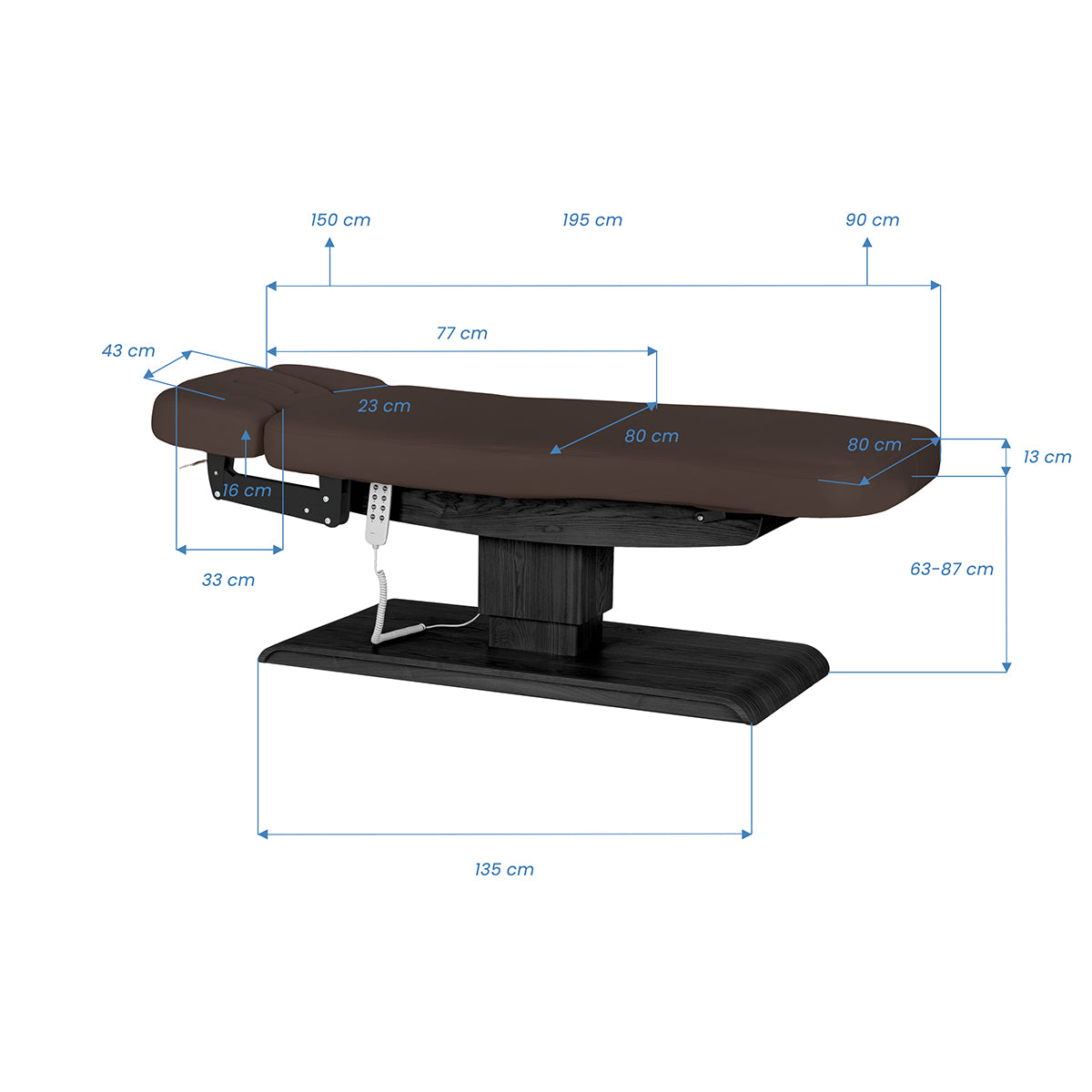 Camilla SPA Eléctrica Sillon Relax – Marrón Oscuro, Base Negro · Esquema de dimensiones