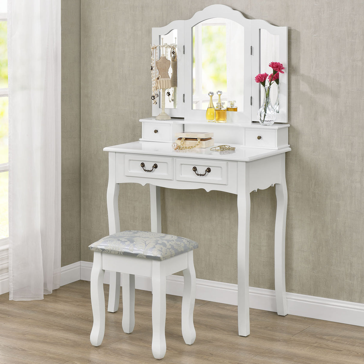 Toaletka biała EMMA 3 mirrors 4 drawers +stool - BVShop