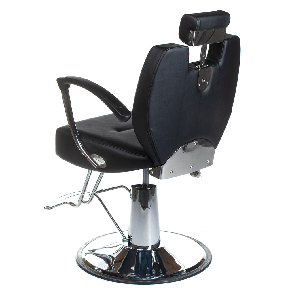 Black barber chair HEKTOR BH-3208 by Beauty System with padded seat, armrests, and adjustable headrest in a professional salon setting.