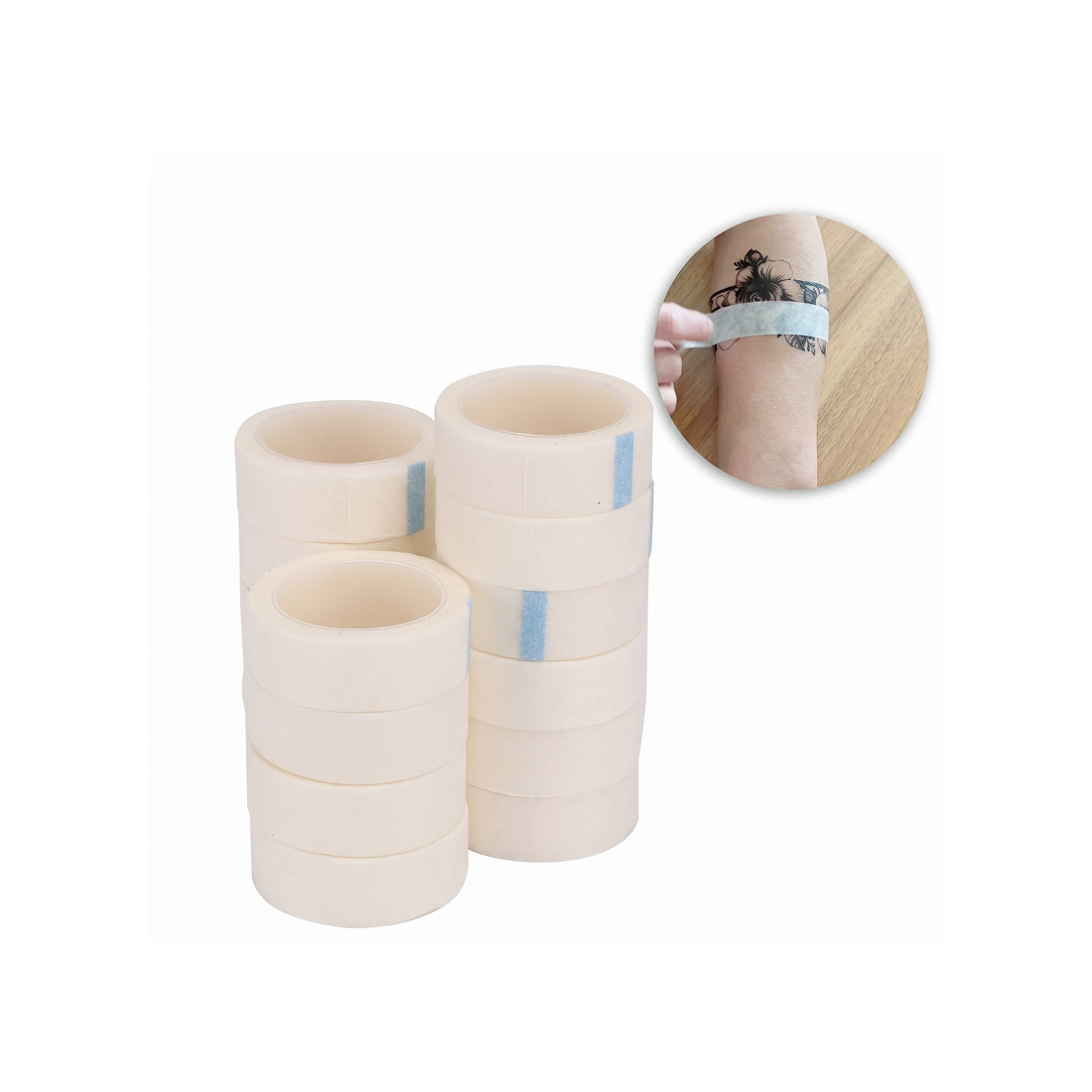 BVShop tattoo adhesive paper tape, 1.25cm by 4.5m, shown in a roll with textured surface for skin application and durability