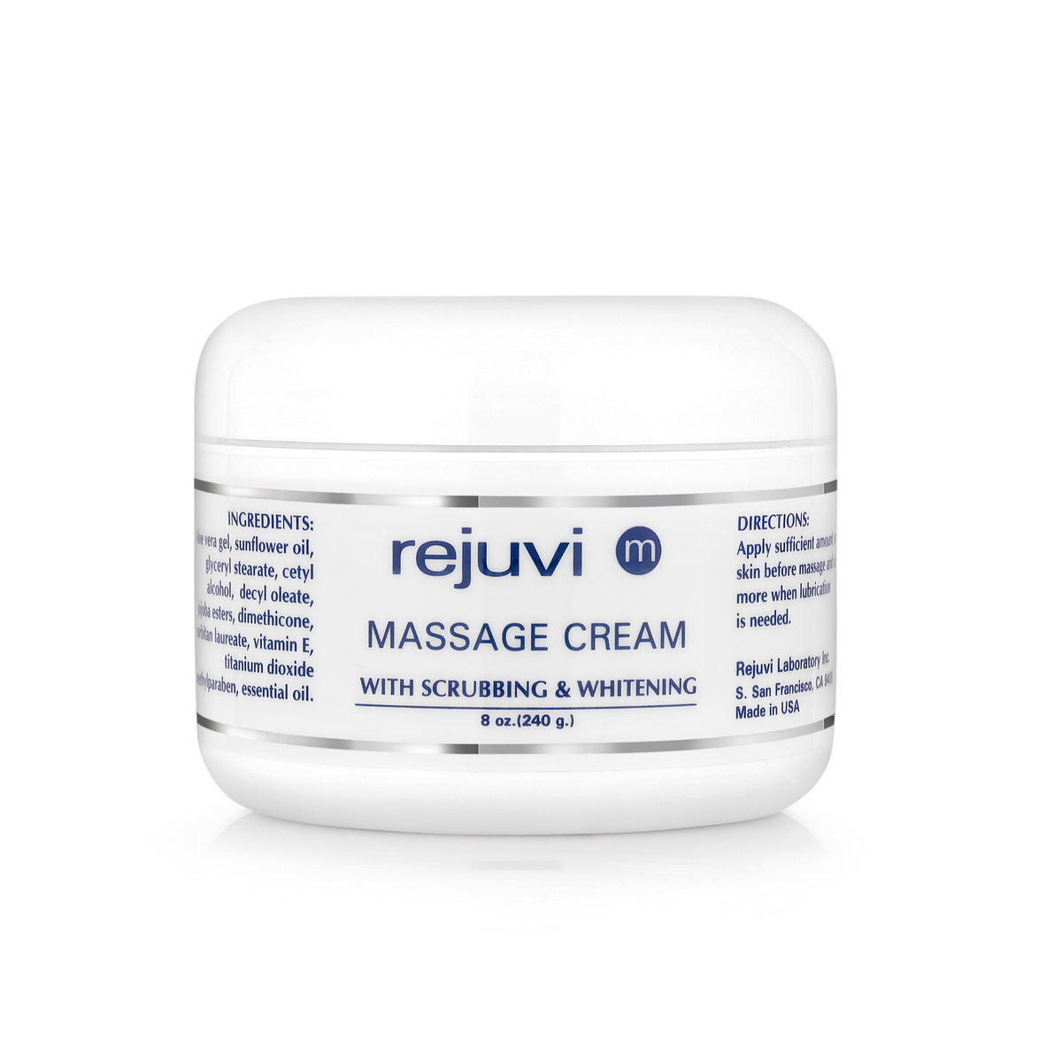 Rejuvi m Crema De Masaje Exfoliante 240g – Tarro, etiqueta frontal