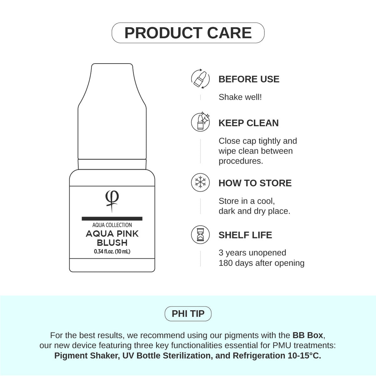PhiAcademy PMU Aqua Pink Blush Pigment 10ml — product care and storage