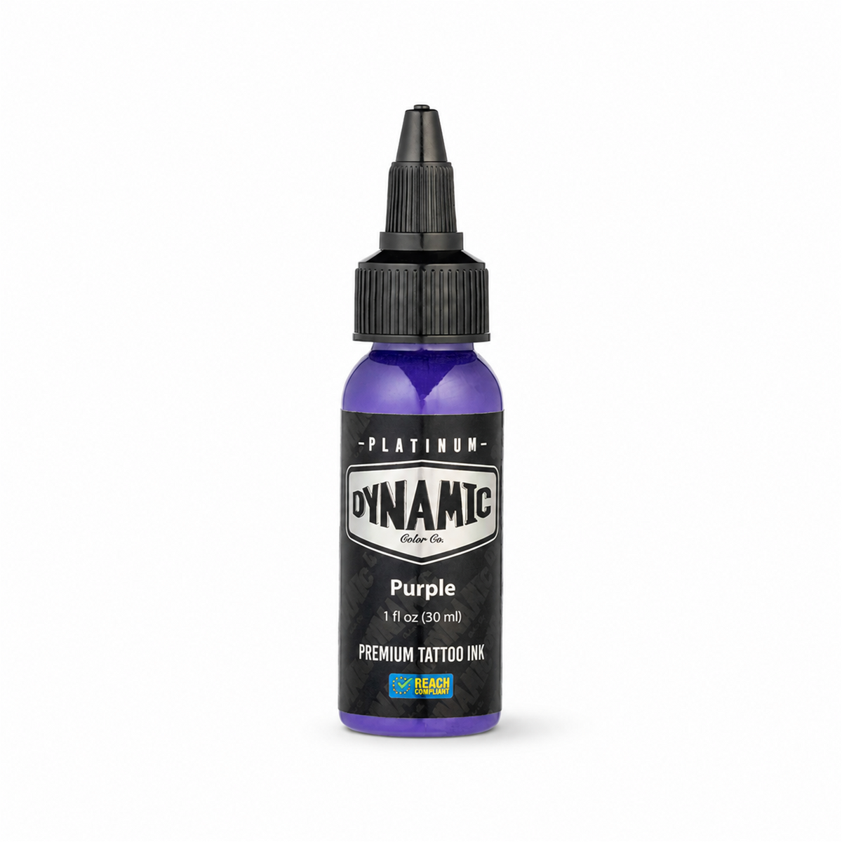 Frasco de tinta para tatuajes Dynamic Platinum Purple 30ml sobre fondo blanco con una sombra suave y natural