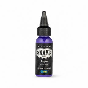 Frasco de tinta para tatuajes Dynamic Platinum Purple 30ml sobre fondo blanco con una sombra suave y natural