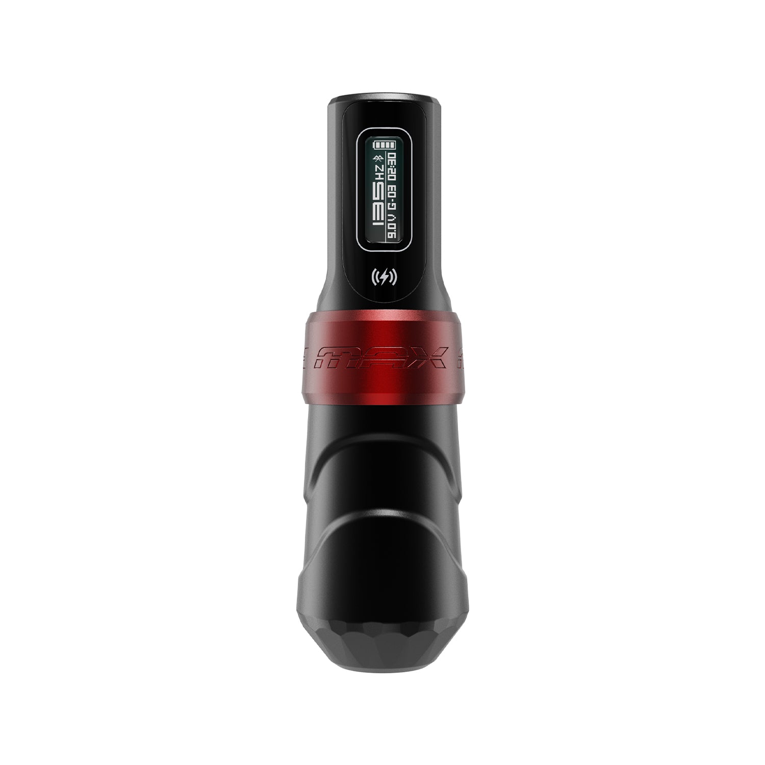 FK Irons Flux Max Yomico Red/Black wireless tattoo machine side view