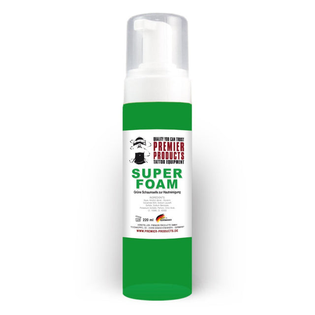 Green Super Foam 230ml from Premier Products Ink, showing the bright green foam in a clear container with a nozzle for application.