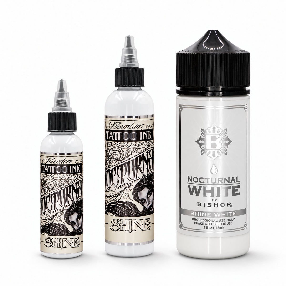 Nocturnal Shine White — two Legacy bottles and one Bishop 118ml bottle on white background