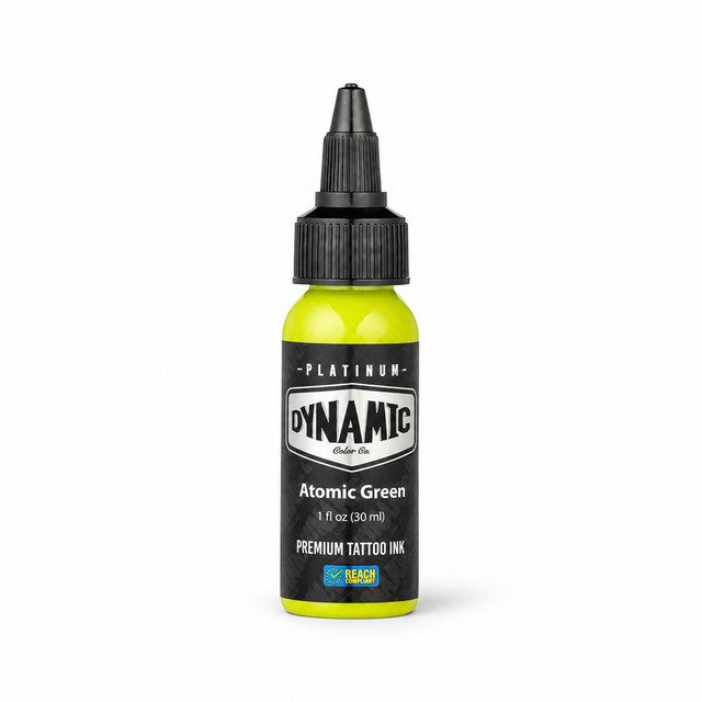 Platinum By Dynamic Tattoo Ink Atomic Green 30ml bottle on a white background with a natural shadow