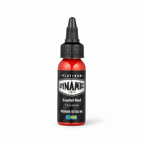 Platinum By Dynamic Tattoo Ink Scarlet Red 30ml bottle on a white background with a natural shadow